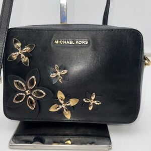 Michael Kors Crossbody Black Leather Floral Applique Small Camera Bag